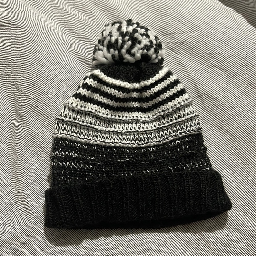 Black & white striped boy puff beanie